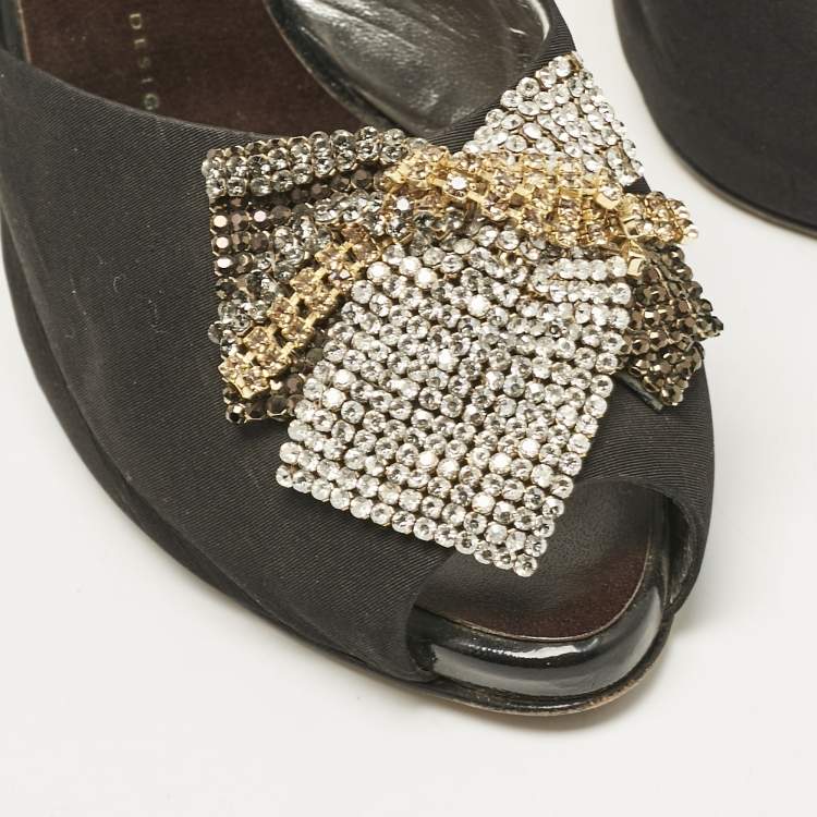 Pre Owned Giuseppe Zanotti Black Satin Crystal Embellished Mules Size 38.5