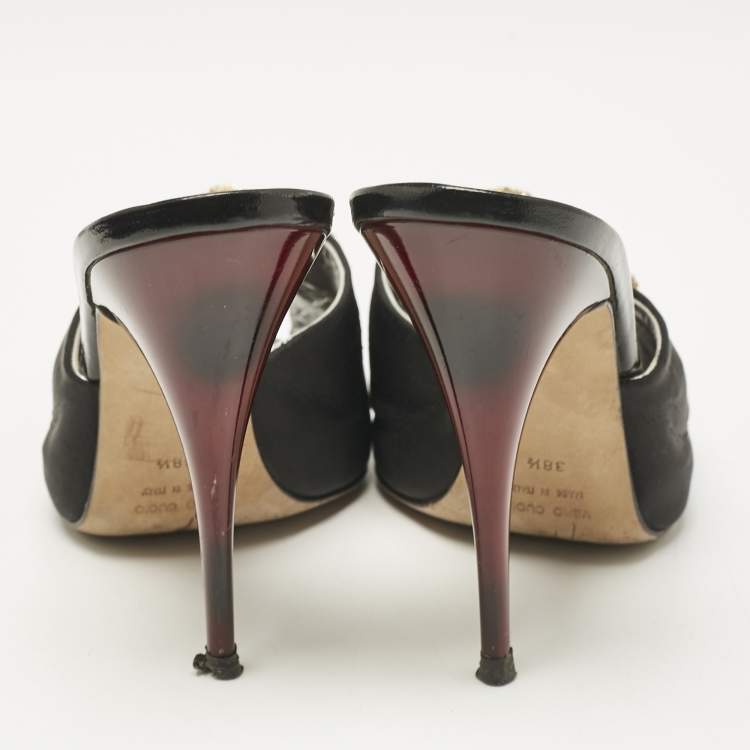 Pre Owned Giuseppe Zanotti Black Satin Crystal Embellished Mules Size 38.5