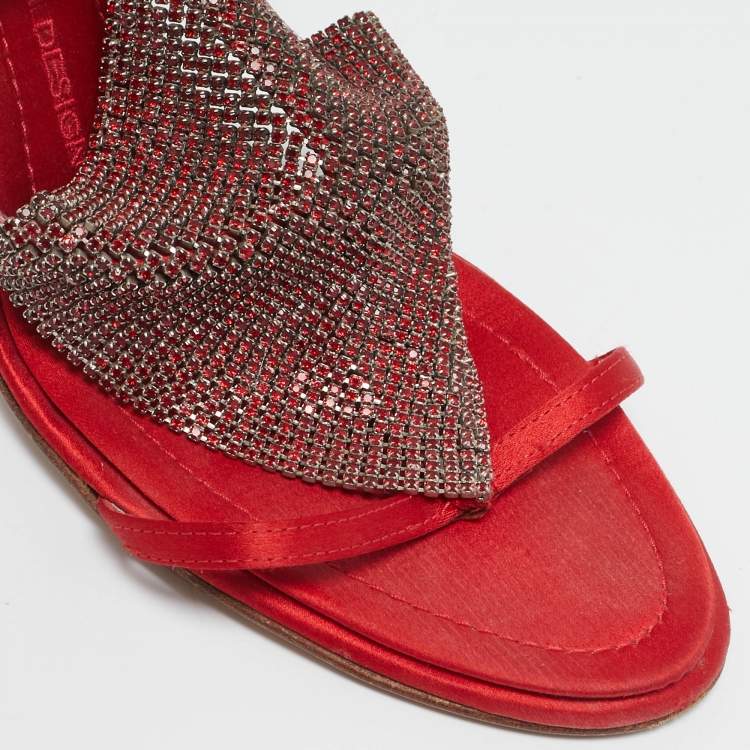 Pre Owned Giuseppe Zanotti Red Satin Crystal Embellished Ankle Strap Sandals Size 38.5