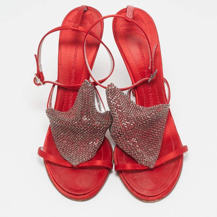 Pre Owned Giuseppe Zanotti Red Satin Crystal Embellished Ankle Strap Sandals Size 38.5