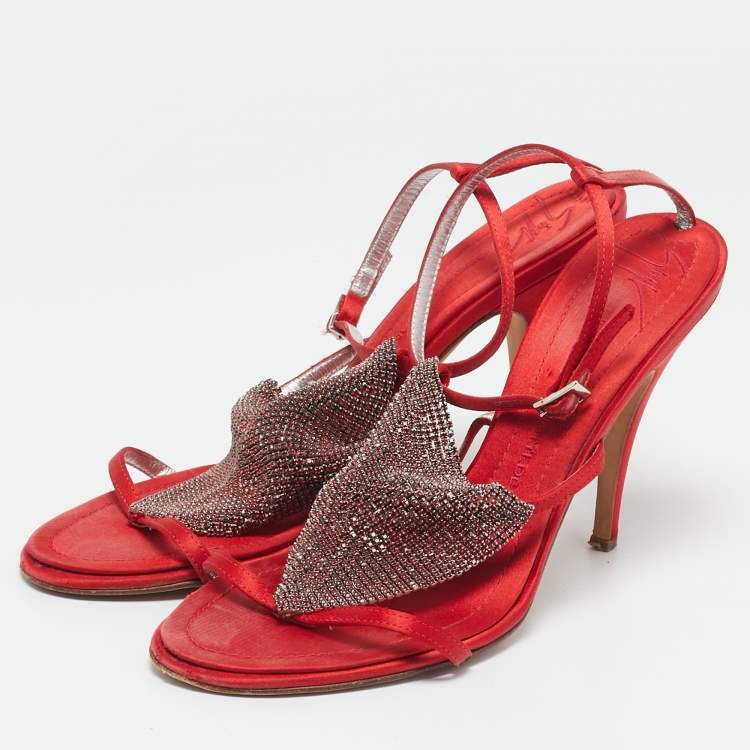 Pre Owned Giuseppe Zanotti Red Satin Crystal Embellished Ankle Strap Sandals Size 38.5