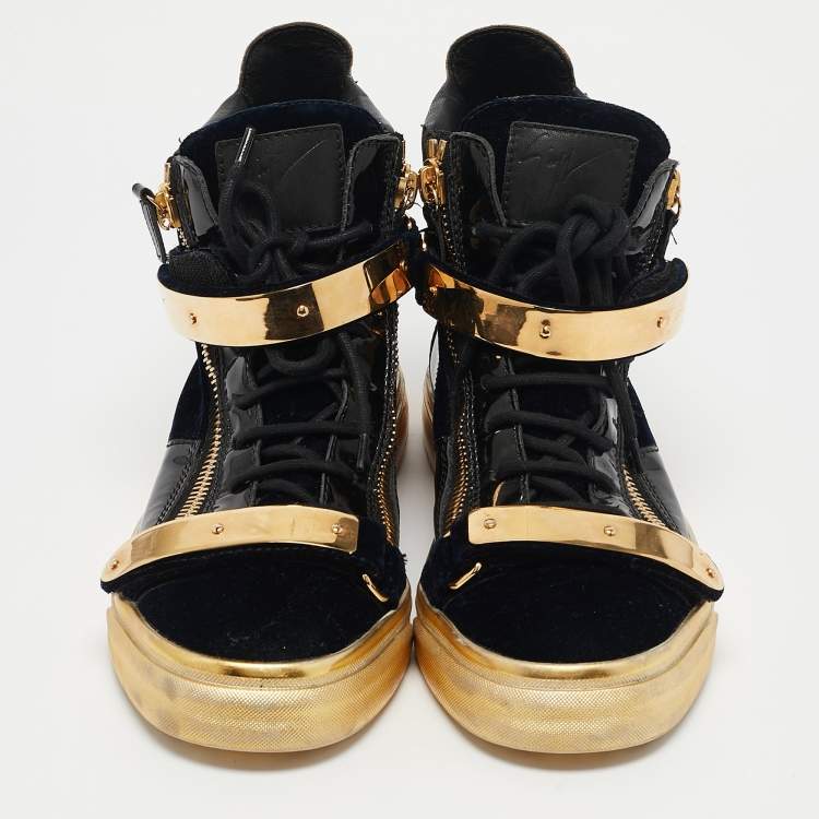 Pre Owned Giuseppe Zanotti Black/Gold Velvet And Patent Leather Coby High Top Sneakers Size 39
