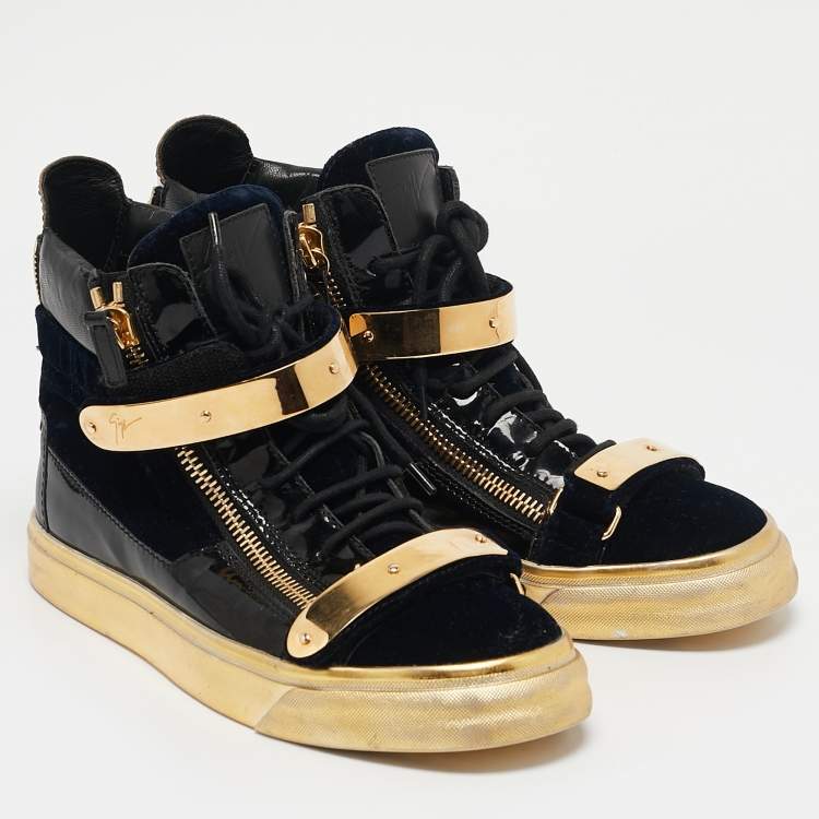 Pre Owned Giuseppe Zanotti Black/Gold Velvet And Patent Leather Coby High Top Sneakers Size 39