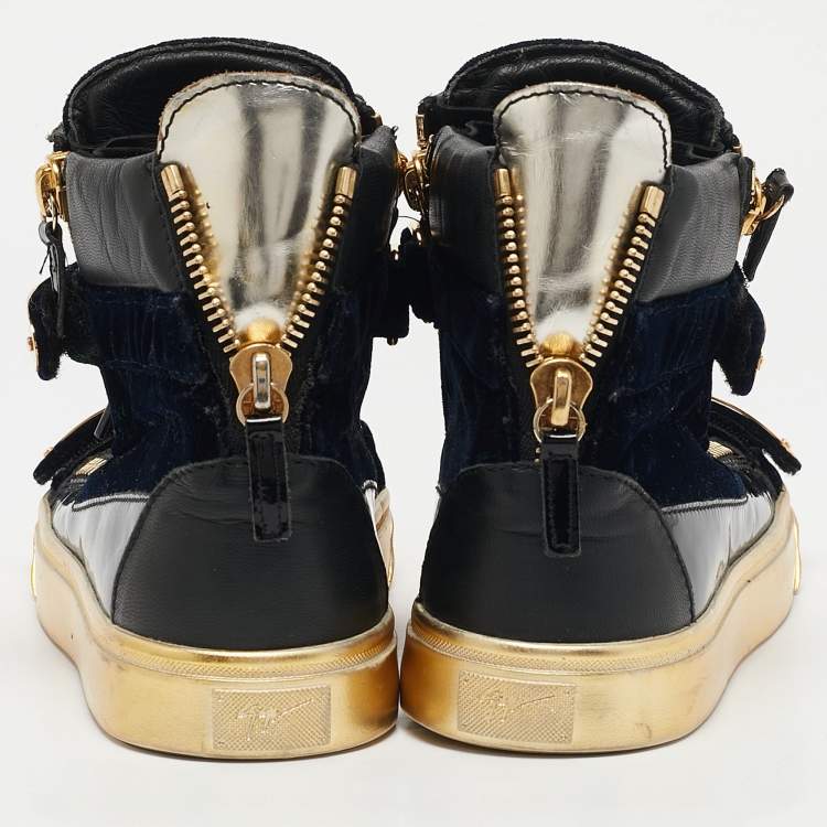 Pre Owned Giuseppe Zanotti Black/Gold Velvet And Patent Leather Coby High Top Sneakers Size 39