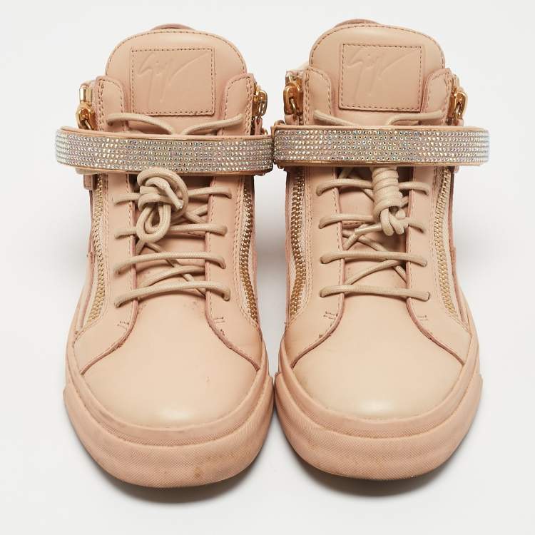 Pre Owned Giuseppe Zanotti Beige Leather Crystal Embellished Coby High Top Sneakers Size 40