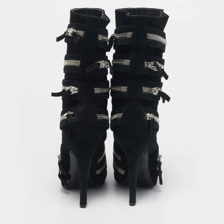 Pre Owned Giuseppe Zanotti x Balmain Black Suede Zip Embellished Midcalf Boots Size 39