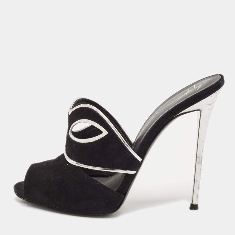 Pre Owned Giuseppe Zanotti Black/Silver Suede and Leather Peep Toe Mules Size 39