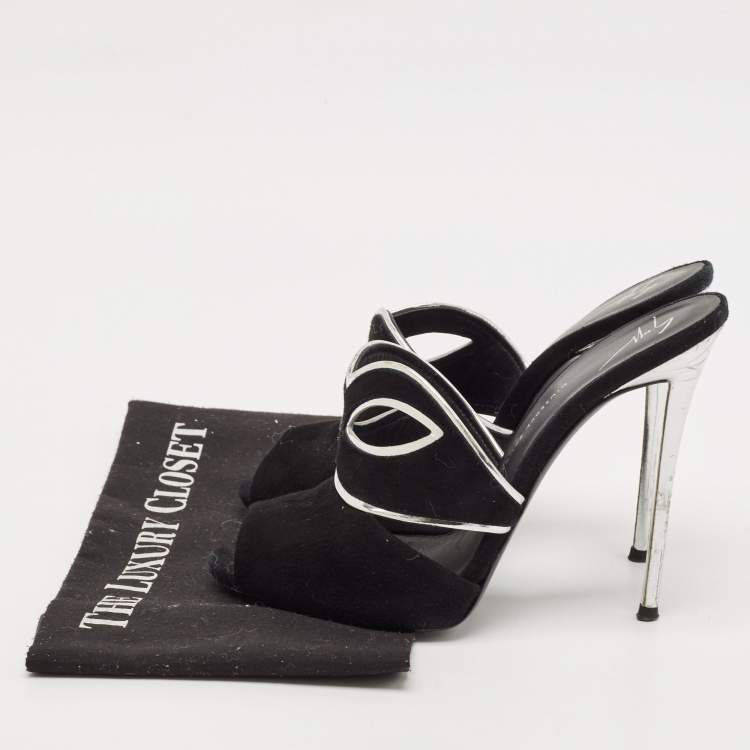 Pre Owned Giuseppe Zanotti Black/Silver Suede and Leather Peep Toe Mules Size 39