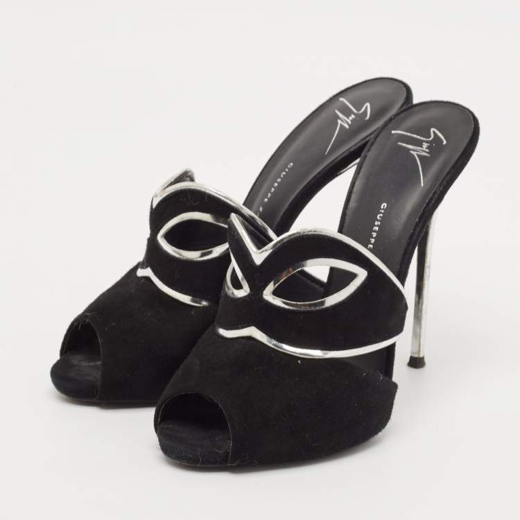 Pre Owned Giuseppe Zanotti Black/Silver Suede and Leather Peep Toe Mules Size 39