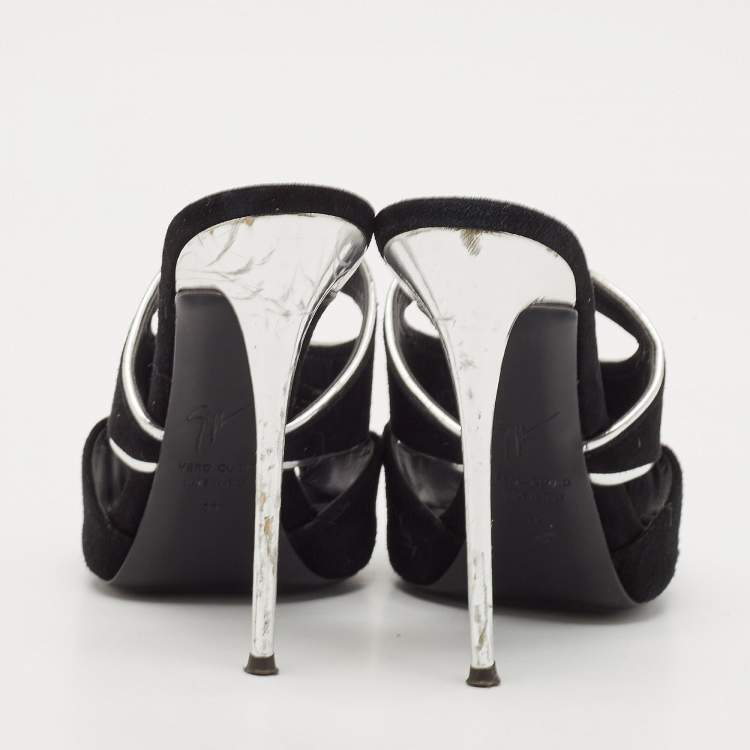 Pre Owned Giuseppe Zanotti Black/Silver Suede and Leather Peep Toe Mules Size 39
