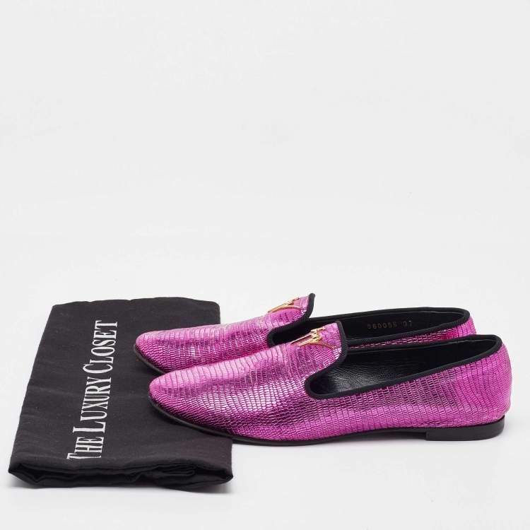 Pre Owned Giuseppe Zanotti Metallic Pink Lizard Embossed Leather Smoking Slippers Size 37