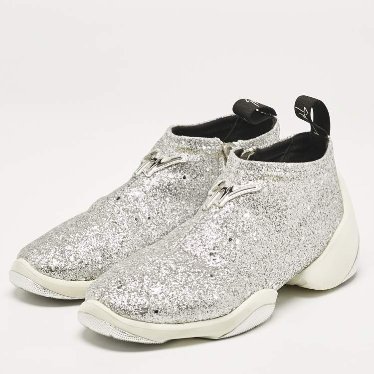 Pre Owned Giuseppe Zanotti Silver Glitter Jump Sneakers Size 37