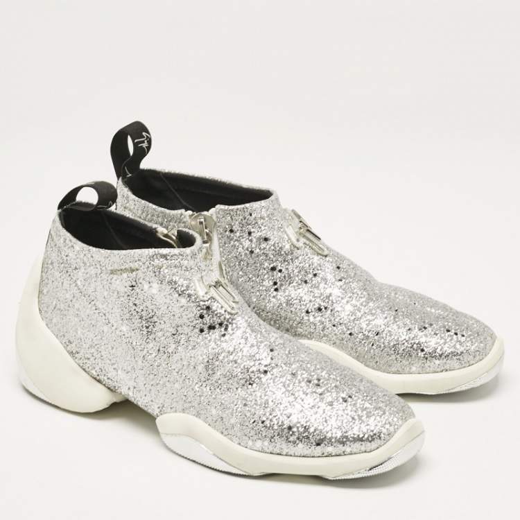 Pre Owned Giuseppe Zanotti Silver Glitter Jump Sneakers Size 37