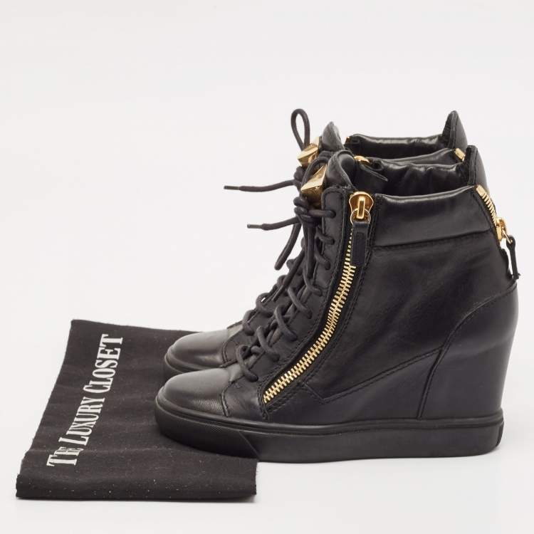 Pre Owned Giuseppe Zanotti Black Leather Double Zip Wedge Sneakers Size 37