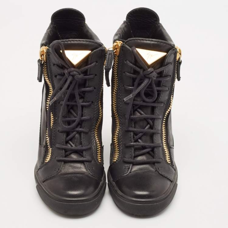 Pre Owned Giuseppe Zanotti Black Leather Double Zip Wedge Sneakers Size 37