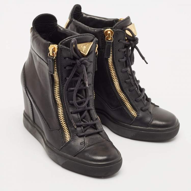 Pre Owned Giuseppe Zanotti Black Leather Double Zip Wedge Sneakers Size 37