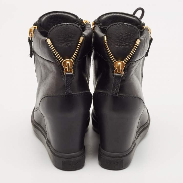 Pre Owned Giuseppe Zanotti Black Leather Double Zip Wedge Sneakers Size 37