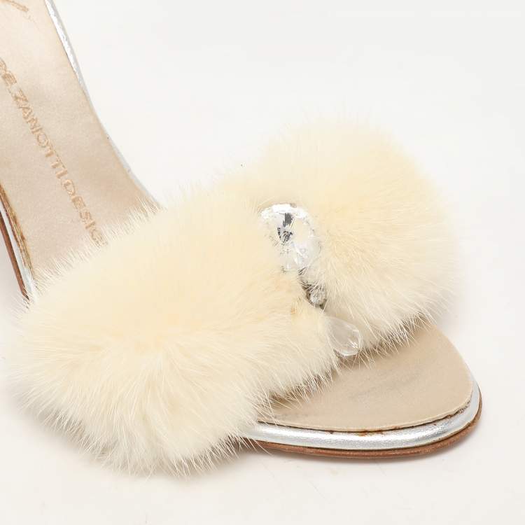 Pre Owned Giuseppe Zanotti Cream Faux Fur Crystal Embellished Sandals Size 36.5