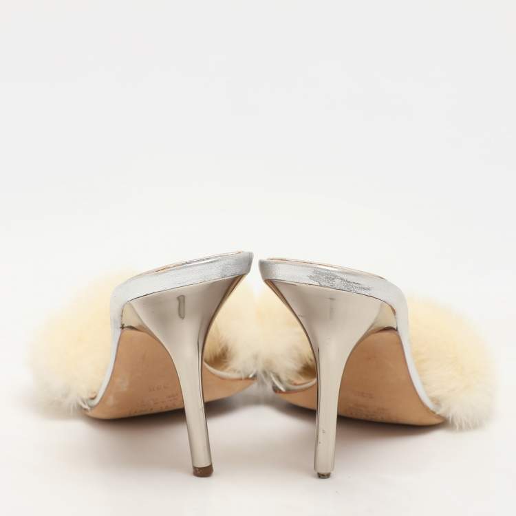 Pre Owned Giuseppe Zanotti Cream Faux Fur Crystal Embellished Sandals Size 36.5