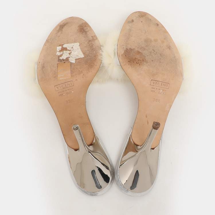 Pre Owned Giuseppe Zanotti Cream Faux Fur Crystal Embellished Sandals Size 36.5