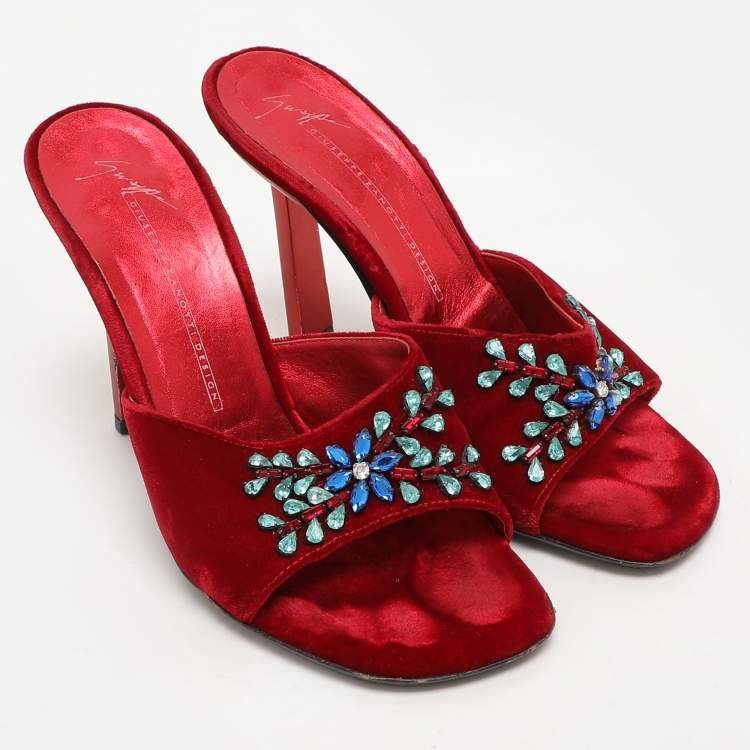 Pre Owned Giuseppe Zanotti Red Velvet Crystal Embellished Sandals Size 37