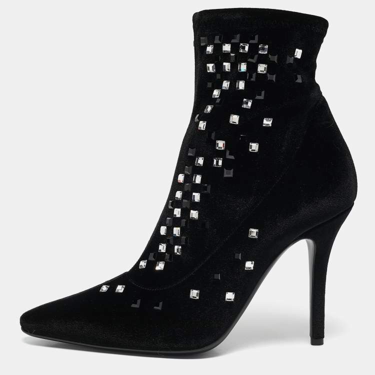 مملوكة مسبقًا Giuseppe Zanotti Black Velvet Crystals Embellished Ankle Length Boots Size 38