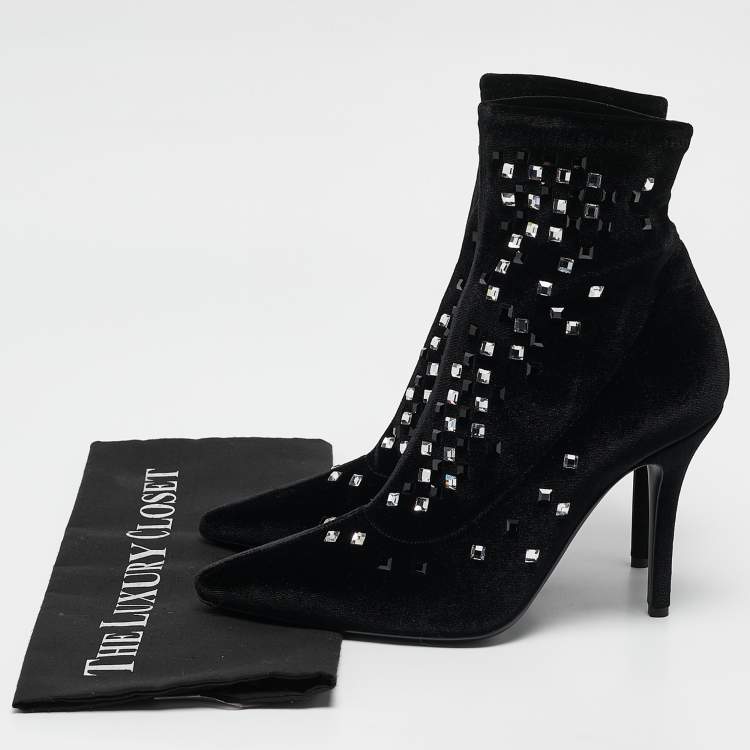 مملوكة مسبقًا Giuseppe Zanotti Black Velvet Crystals Embellished Ankle Length Boots Size 38