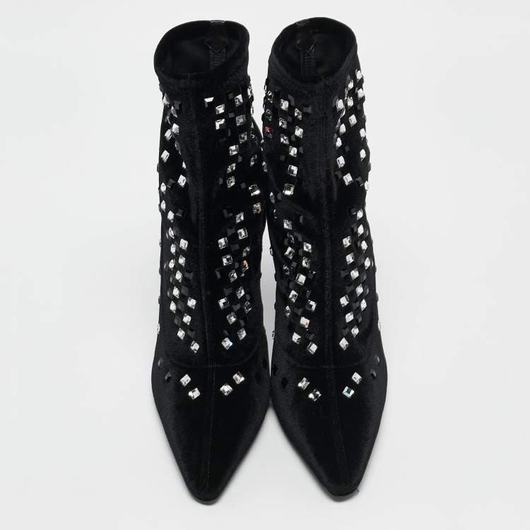 مملوكة مسبقًا Giuseppe Zanotti Black Velvet Crystals Embellished Ankle Length Boots Size 38