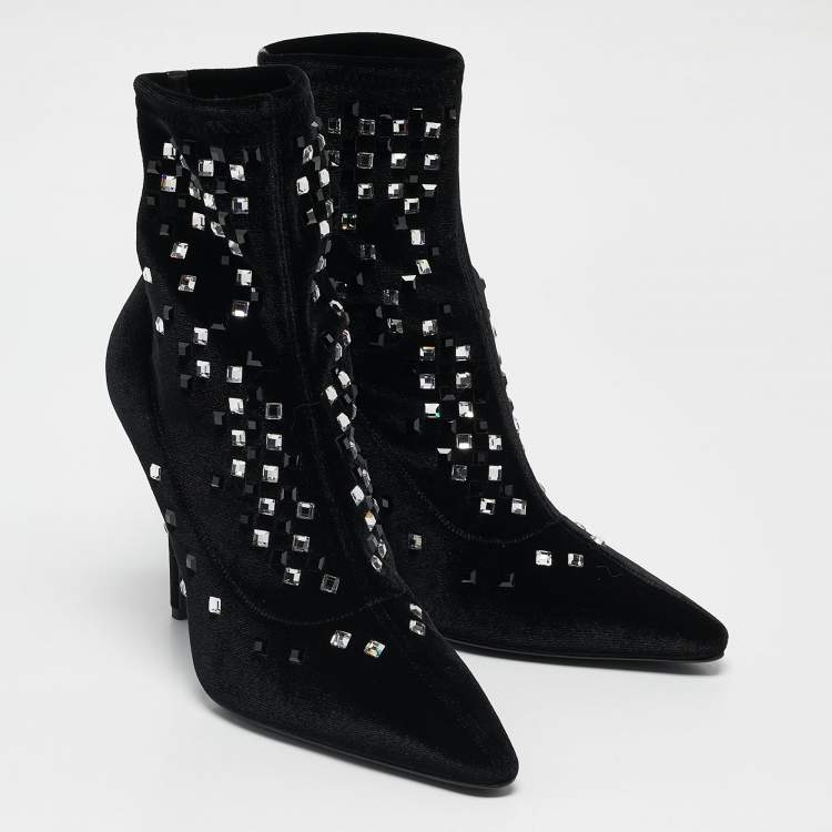 مملوكة مسبقًا Giuseppe Zanotti Black Velvet Crystals Embellished Ankle Length Boots Size 38
