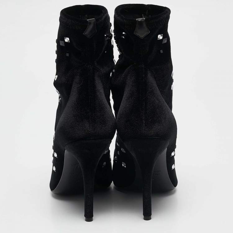 مملوكة مسبقًا Giuseppe Zanotti Black Velvet Crystals Embellished Ankle Length Boots Size 38