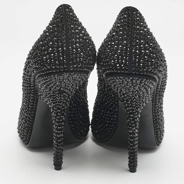 Pre Owned Giuseppe Zanotti Black Satin Crystal Embellished Open Toe Pumps Size 39