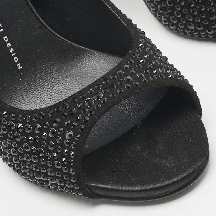 Pre Owned Giuseppe Zanotti Black Satin Crystal Embellished Open Toe Pumps Size 39