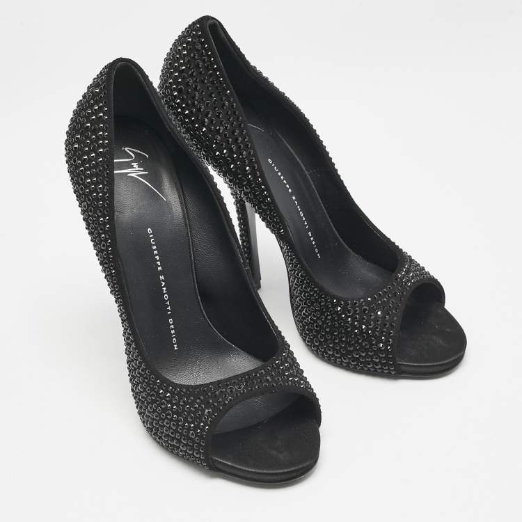 Pre Owned Giuseppe Zanotti Black Satin Crystal Embellished Open Toe Pumps Size 39