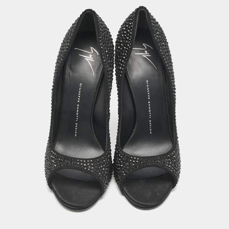 Pre Owned Giuseppe Zanotti Black Satin Crystal Embellished Open Toe Pumps Size 39
