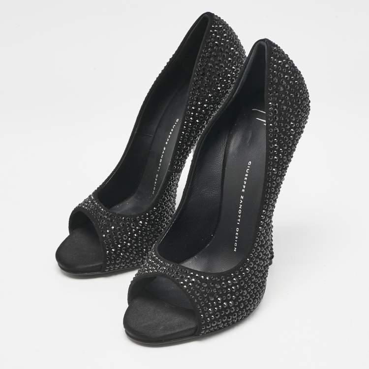 Pre Owned Giuseppe Zanotti Black Satin Crystal Embellished Open Toe Pumps Size 39