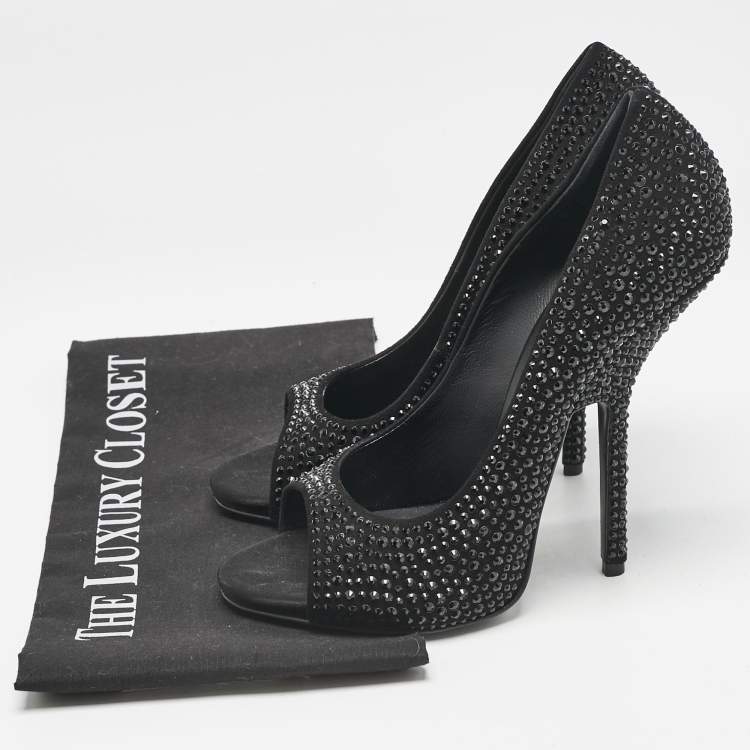 Pre Owned Giuseppe Zanotti Black Satin Crystal Embellished Open Toe Pumps Size 39
