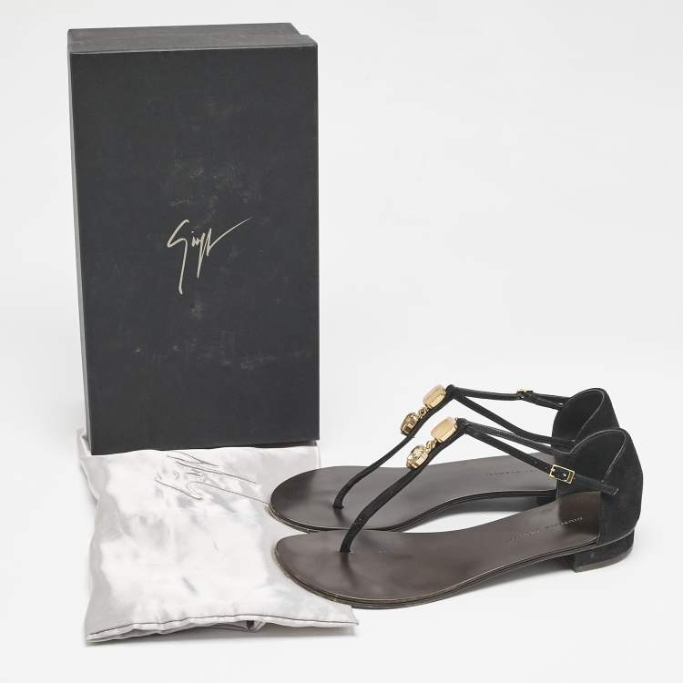 Pre Owned Giuseppe Zanotti Black Leather and Suede Crystal  Embellished Flat Sandals Size 37