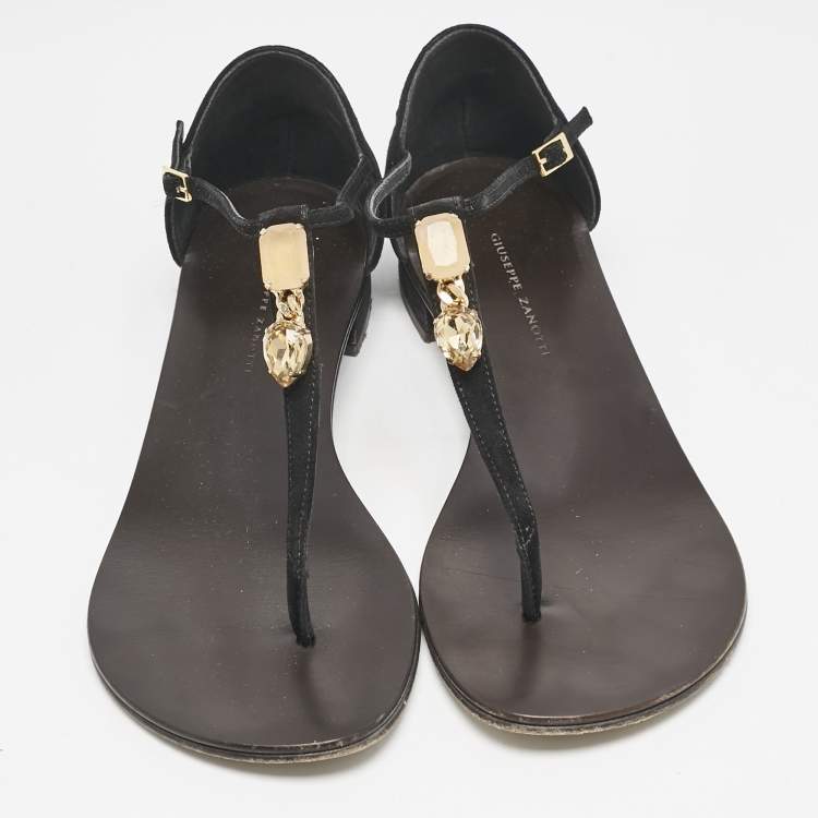 Pre Owned Giuseppe Zanotti Black Leather and Suede Crystal  Embellished Flat Sandals Size 37