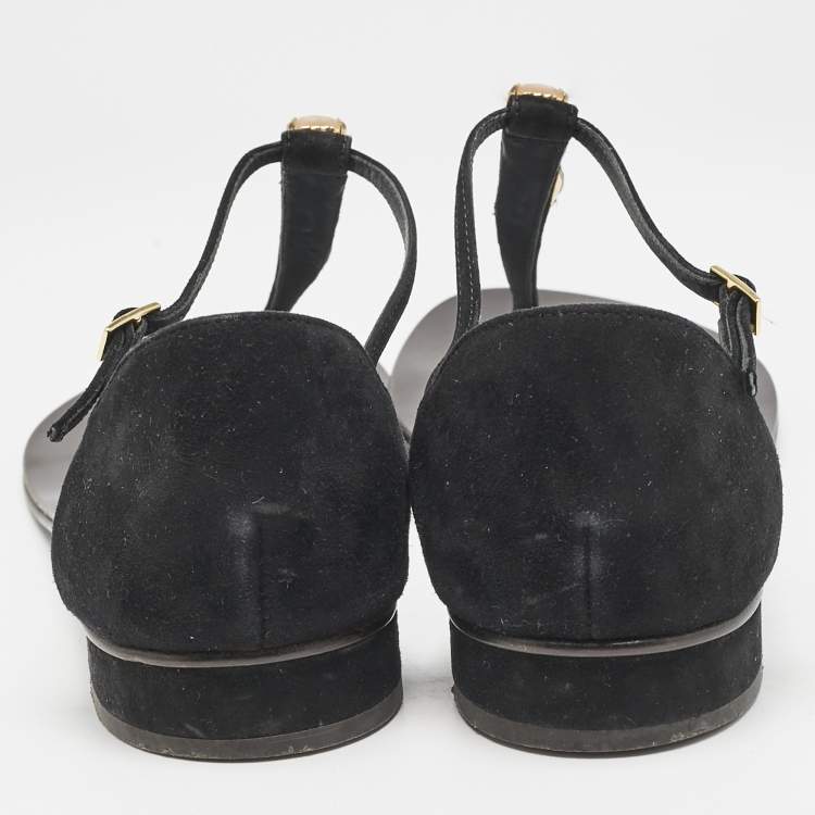 Pre Owned Giuseppe Zanotti Black Leather and Suede Crystal  Embellished Flat Sandals Size 37