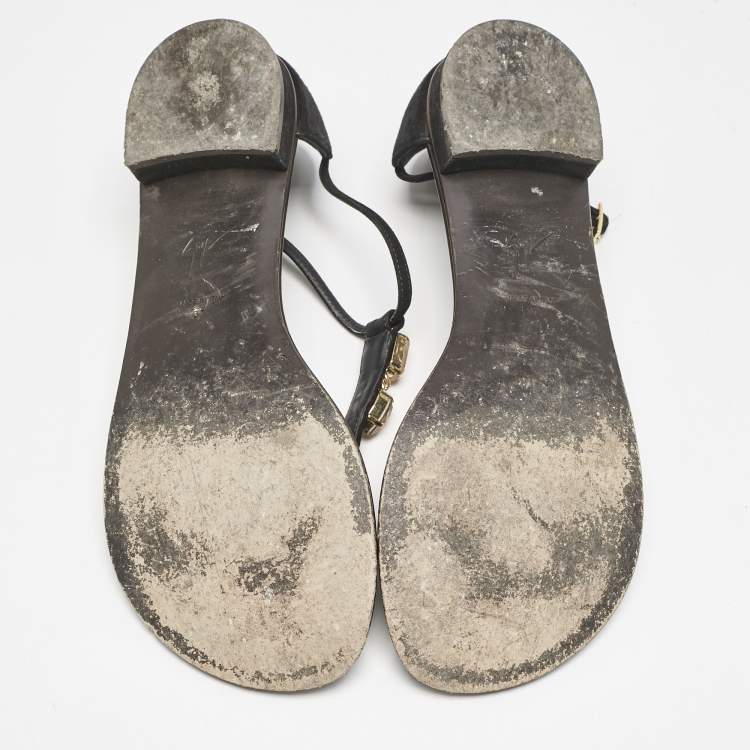 Pre Owned Giuseppe Zanotti Black Leather and Suede Crystal  Embellished Flat Sandals Size 37
