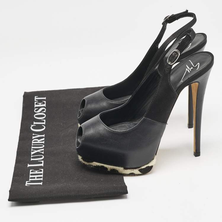 Pre Owned Giuseppe Zanotti Black/White Leather Peep Toe Slingback Pumps Size 35