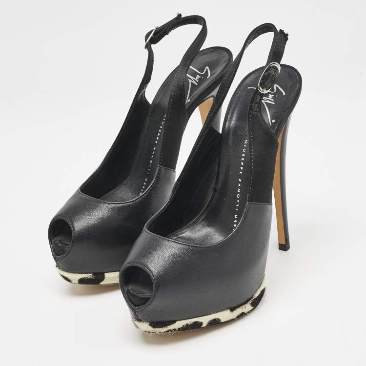 Pre Owned Giuseppe Zanotti Black/White Leather Peep Toe Slingback Pumps Size 35