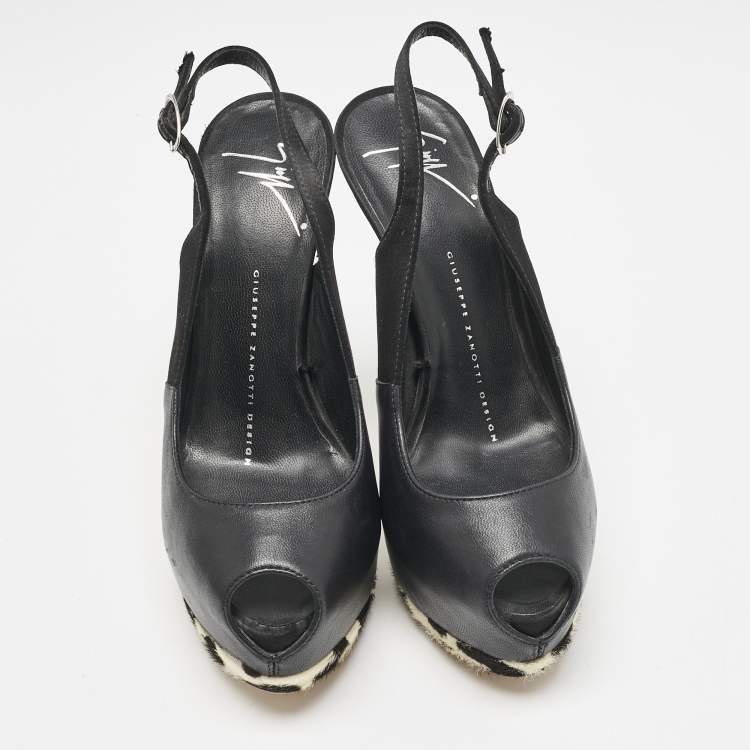 Pre Owned Giuseppe Zanotti Black/White Leather Peep Toe Slingback Pumps Size 35