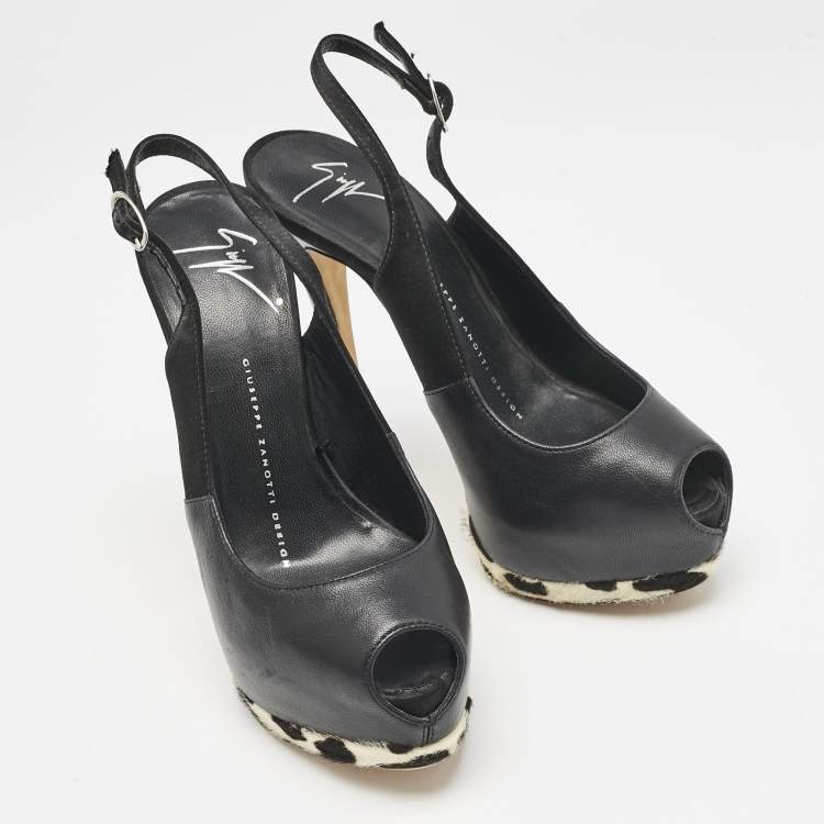 Pre Owned Giuseppe Zanotti Black/White Leather Peep Toe Slingback Pumps Size 35