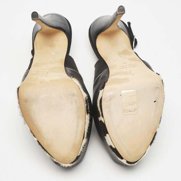 Pre Owned Giuseppe Zanotti Black/White Leather Peep Toe Slingback Pumps Size 35