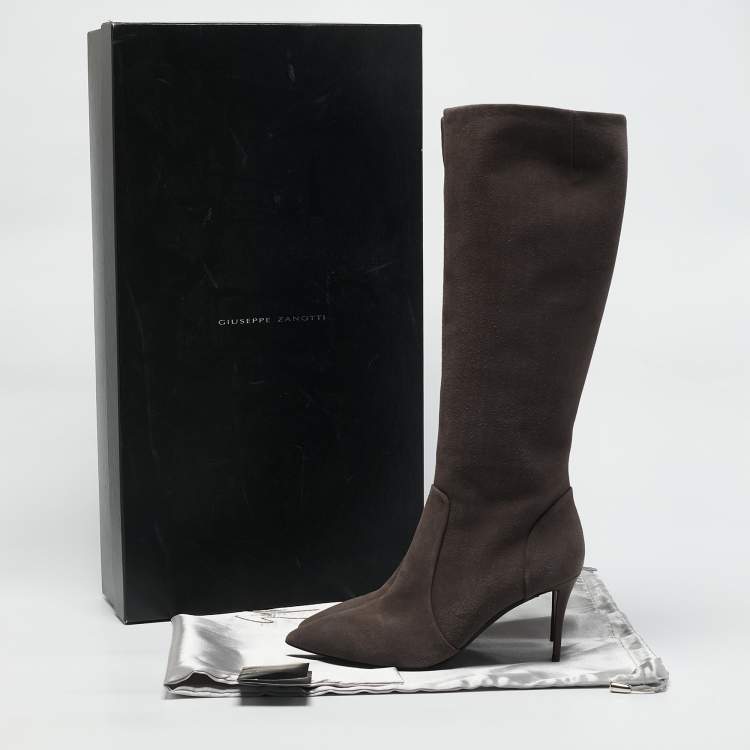 Pre Owned Giuseppe Zanotti Grey Suede Pointed Toe Knee Length Boots Size 37