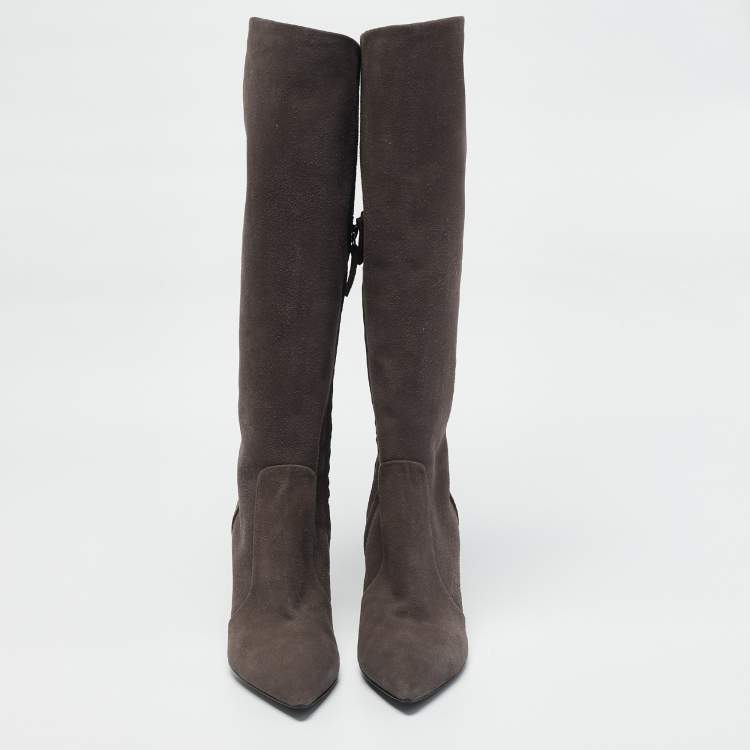Pre Owned Giuseppe Zanotti Grey Suede Pointed Toe Knee Length Boots Size 37
