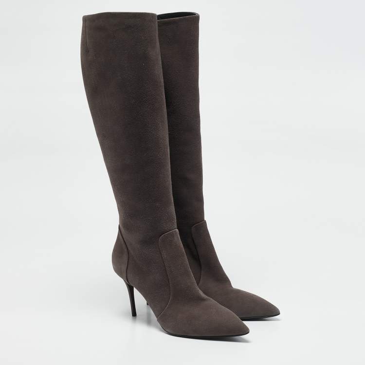 Pre Owned Giuseppe Zanotti Grey Suede Pointed Toe Knee Length Boots Size 37