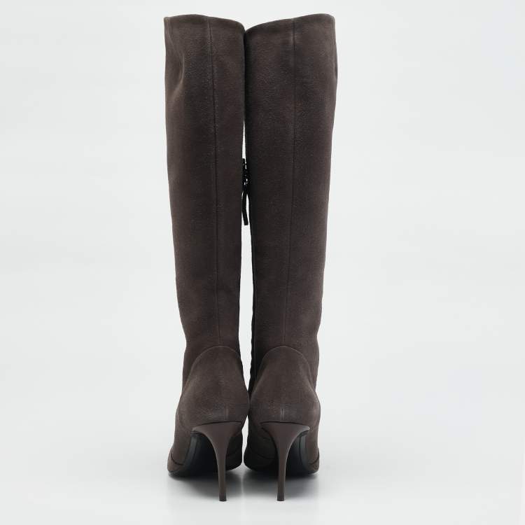 Pre Owned Giuseppe Zanotti Grey Suede Pointed Toe Knee Length Boots Size 37