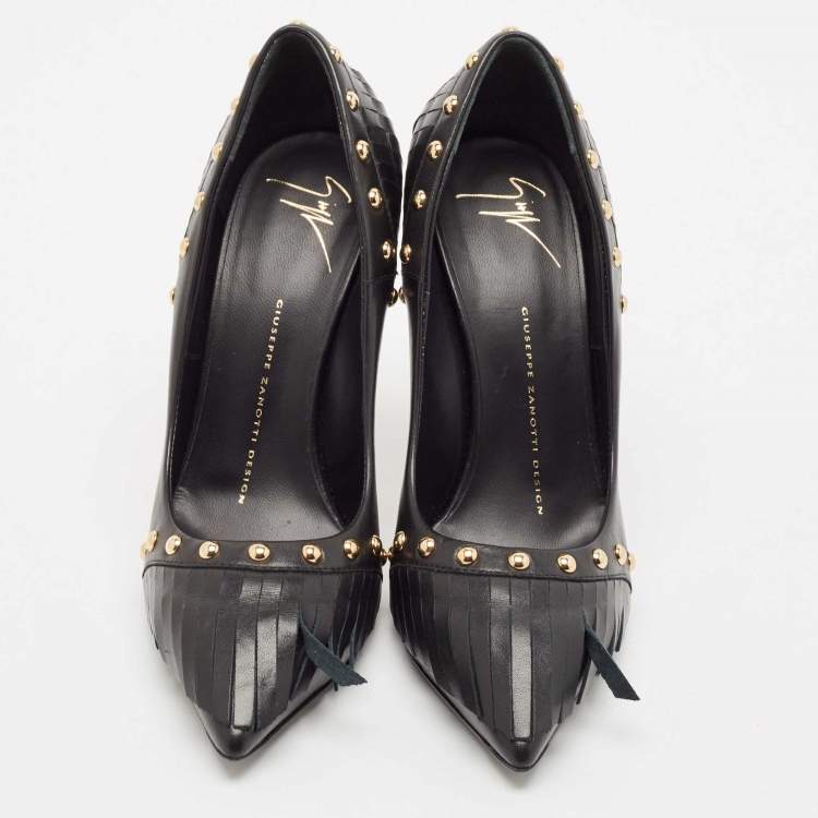 Pre Owned Giuseppe Zanotti Black Leather Studded Fringe Pumps Size 38